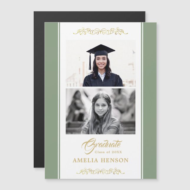 Elegant Gold Ornament Graduation 2 Photo Magnetic  (Front/Back)