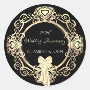 Elegant Gold Ornament Heart,Bow Anniversary  Classic Round Sticker