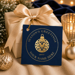 Elegant Gold Ornament Navy Blue Holiday Gift Favour Tags