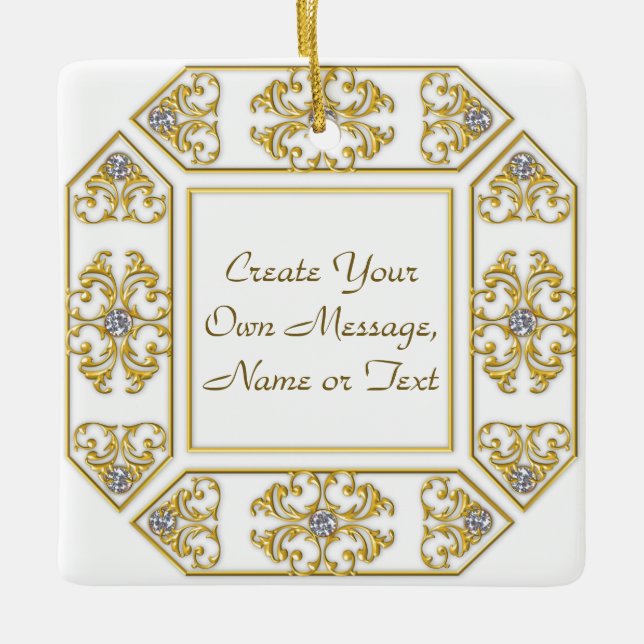 Elegant Gold Ornamental Border with Diamond Accent Ceramic Ornament (Front)