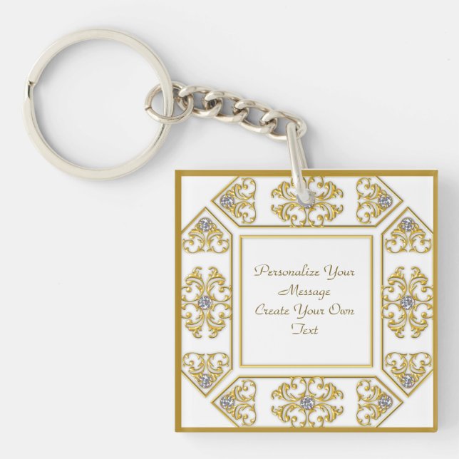 Elegant Gold Ornamental Border with Diamond Accent Key Ring (Front)