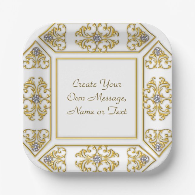 Elegant Gold Ornamental Border with Diamond Accent Paper Plate (Front)