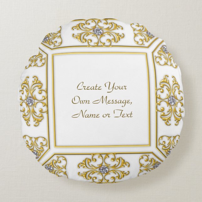 Elegant Gold Ornamental Border with Diamond Accent Round Cushion (Front)