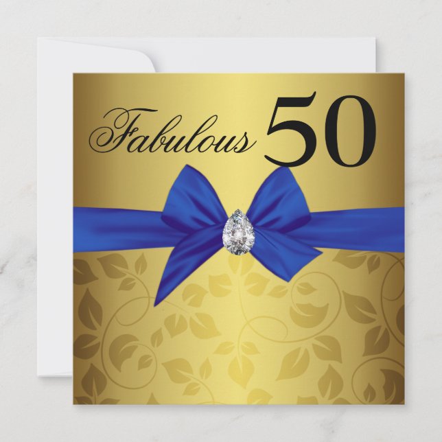 Elegant Gold Ornamental Bow Gem Fabulous Fifty Invitation (Front)