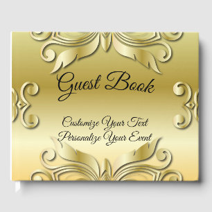Elegant Gold Ornamental Design Black Lettering Guest Book