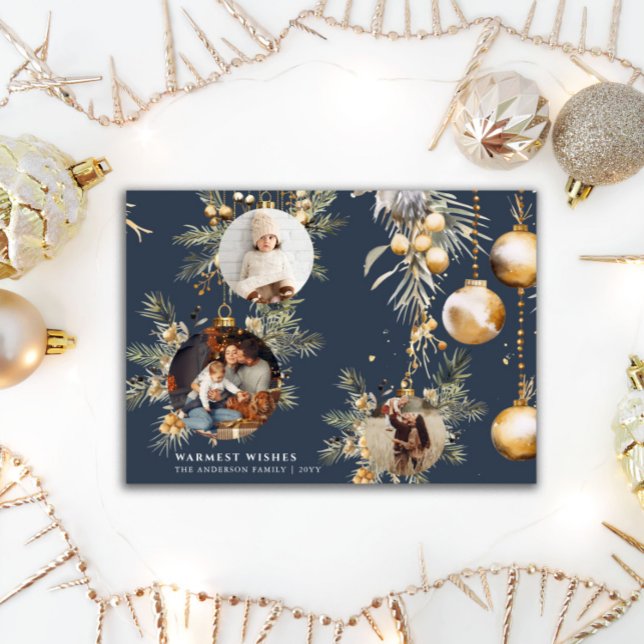 Elegant Gold Ornaments blue Christmas Card (Creator Uploaded)