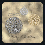 Elegant Gold Ornaments Merry Christmas  Square Sticker<br><div class="desc">Gold glittery faux rhinestone ornaments hanging with a traditional Merry Christmas in black typography mailing or decorating sticker.</div>