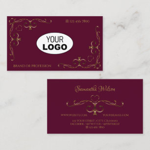 Elegant Gold Ornate Corners with Logo Burgundy Business Card