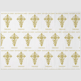 Elegant Gold Ornate Cross Baptism Tissue Paper