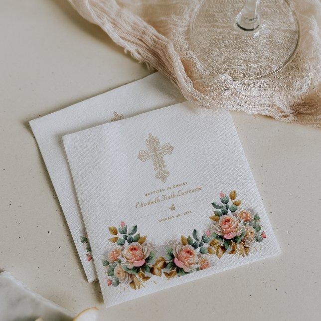 Elegant Gold Ornate Cross Floral Baptism Napkin (Creator Uploaded)