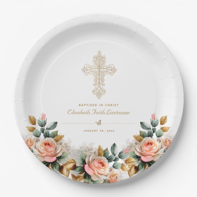 Elegant Gold Ornate Cross Floral Baptism Paper Plate (Front)
