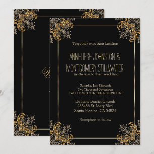 Elegant Gold Ornate Design on Black Invitation