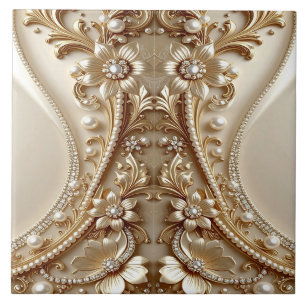 Elegant Gold Ornate Floral Ceramic Tile