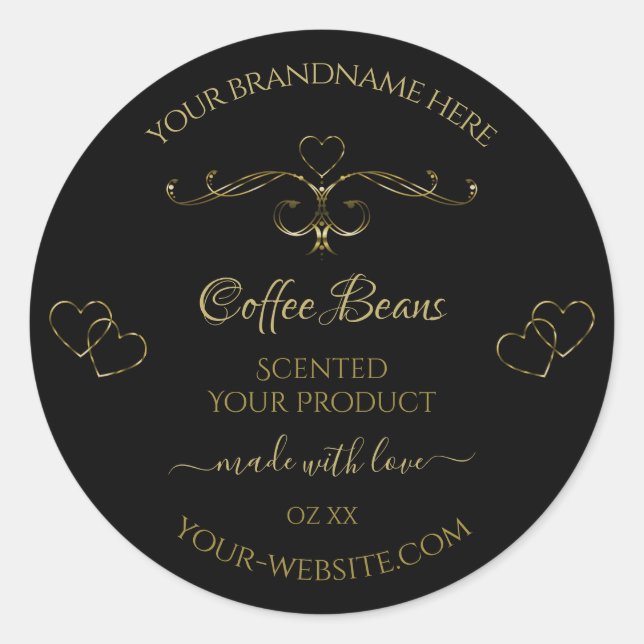 Elegant Gold Ornate Hearts on Black Product Labels (Front)