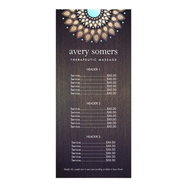 Elegant Gold Ornate Lotus Mandala Wood Price List Rack Card (Front)