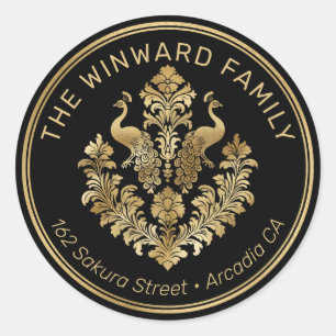 Elegant Gold Ornate Peacock on Black Address Classic Round Sticker