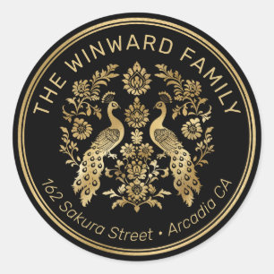 Elegant Gold Ornate Peacock on Black Address Classic Round Sticker
