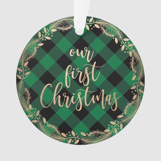 Elegant gold our first Christmas as Mr & Mrs photo Ornament (Front)