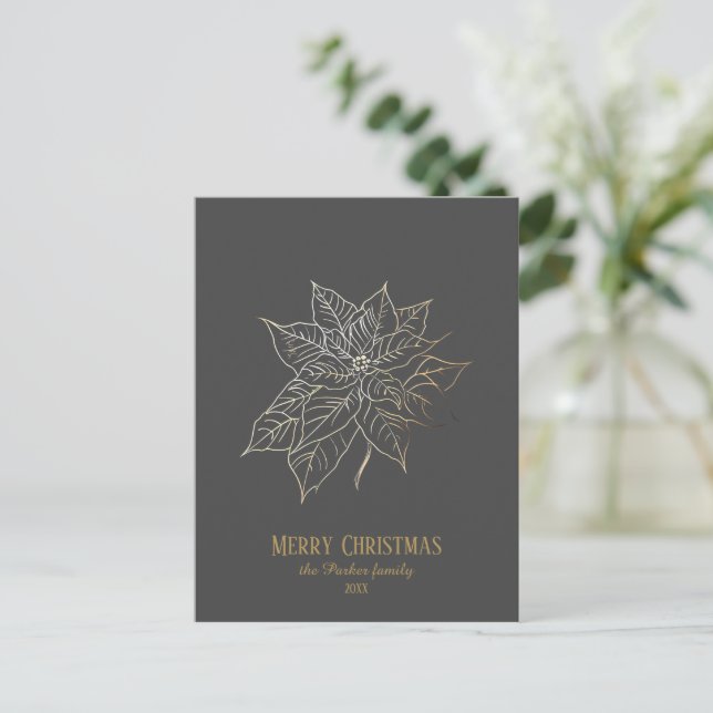 Elegant Gold Outline Poinsettia on Dark Background Holiday Postcard (Standing Front)