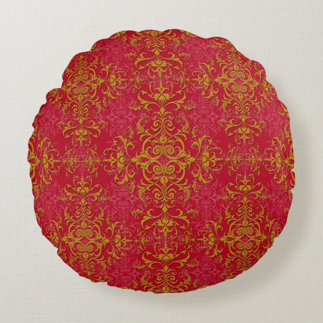 Elegant Gold over Pinkish Red Damask Pattern Round Cushion (Front)