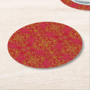 Elegant Gold over Pinkish Red Damask Pattern Round Paper Coaster