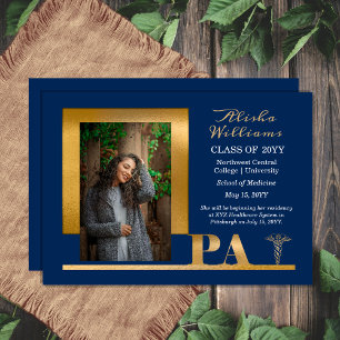 Elegant Gold PA Caduceus 1 Photo Blue Grad  Announcement