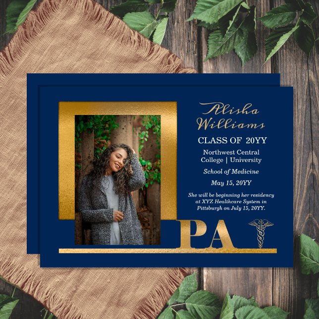 Elegant Gold PA Caduceus 1 Photo Blue Grad  Announcement (Elegant Gold Tone "PA" Physician's Assistant Caduceus One Photo Blue Graduation Announcement )