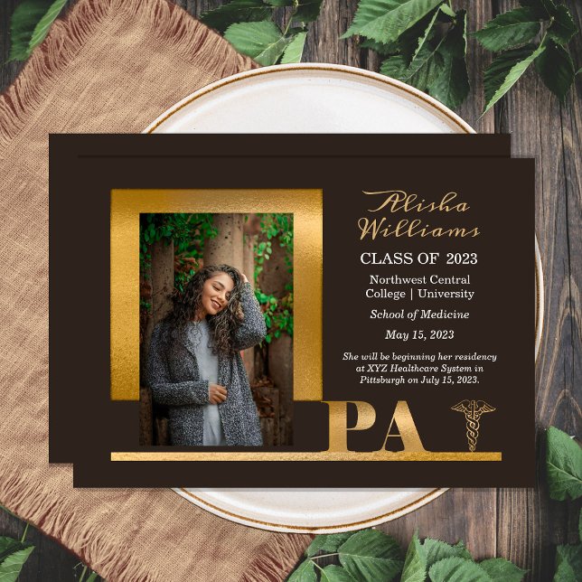 Elegant Gold PA Caduceus 1 Photo Brown Grad Announcement (Creator Uploaded)