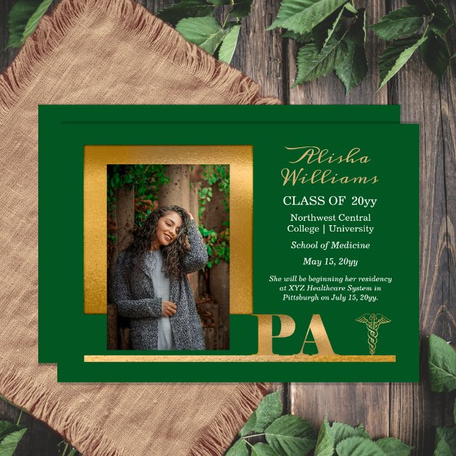 Elegant Gold PA Caduceus 1 Photo Dk Green Grad Announcement (Elegant Gold Tone "PA" Caduceus One Photo Dark Green Graduation Announcement for Print | Download)