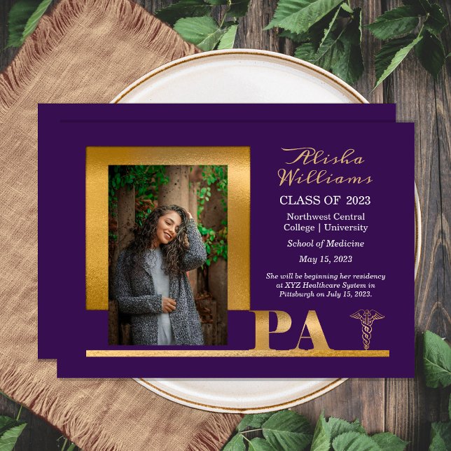 Elegant Gold PA Caduceus 1 Photo Dk Purple Grad Announcement (Creator Uploaded)