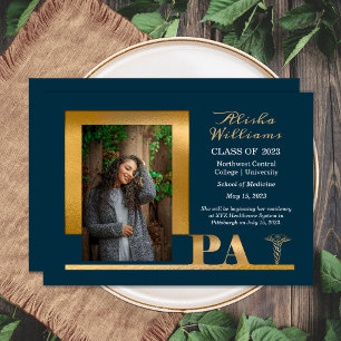 Elegant Gold PA Caduceus 1 Photo Teal Grad Announcement