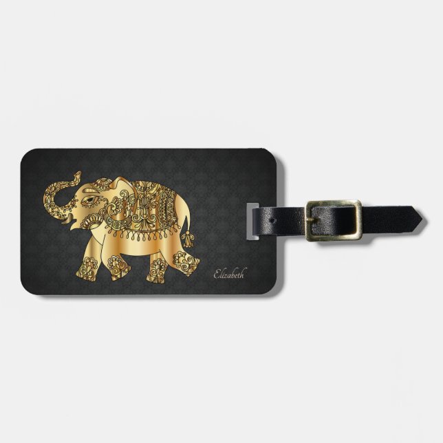 Elegant Gold Paisley Elephant,Damask-Personalised Luggage Tag (Front Horizontal)