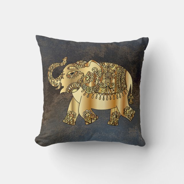 Elegant Gold Paisley Elephant, Leather Look Cushion (Front)