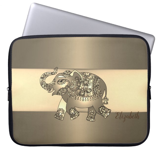 Elegant Gold Paisley Elephant -Personalised Laptop Sleeve (Front)