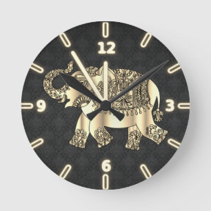 Elegant Gold Paisley Floral Elephant,Black Damask Round Clock