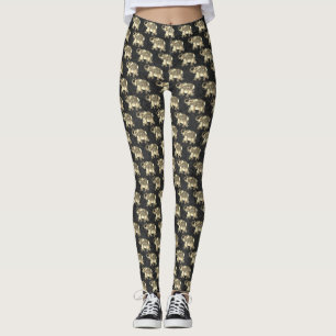 Elegant Gold Paisley Floral Elephants,Black Damask Leggings