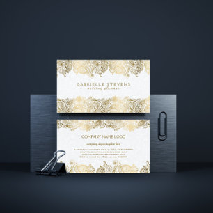 Elegant gold paisley on white wedding planner business card