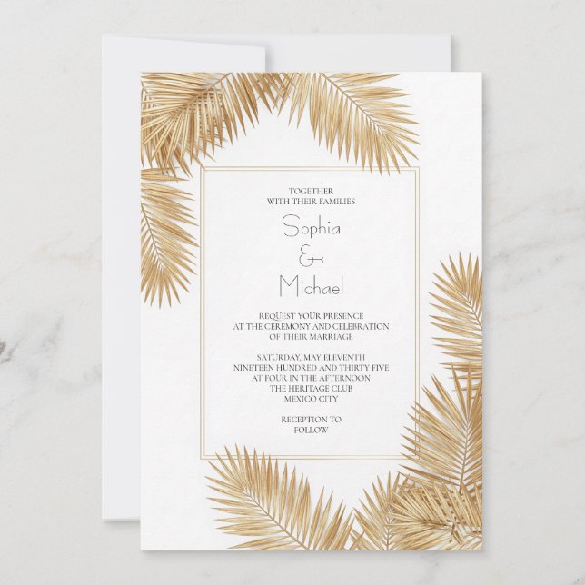 Elegant Gold Palm Leaves Wedding Invitation  (Front)
