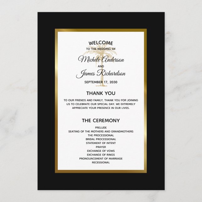 Elegant Gold Palm Tree Modern Tropical Wedding Programme (Front)