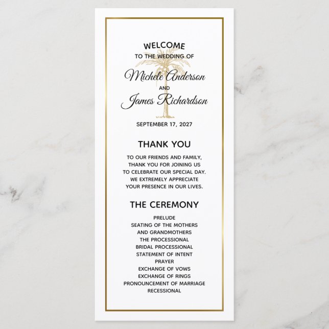 Elegant Gold Palm Tree Tropical Wedding Programme (Front)