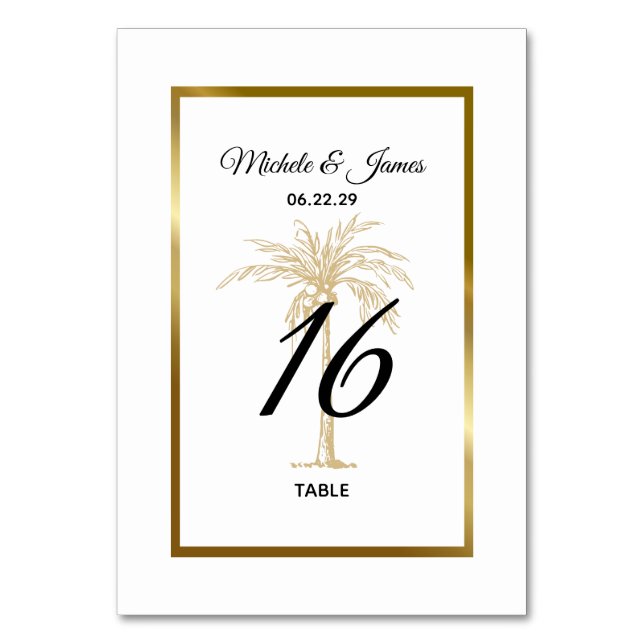 Elegant Gold Palm Tree Tropical Wedding Table Number (Front)