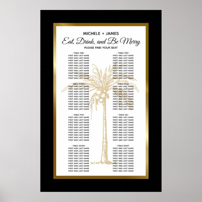 Elegant Gold Palm Tropical Wedding Seating Chart (Front)