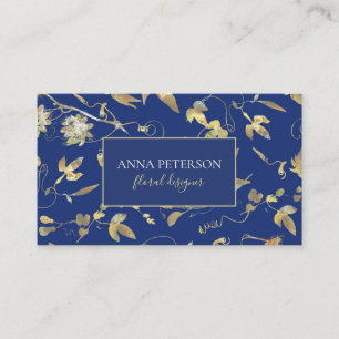 Elegant Gold Passiflora Vine on Blue Business Card