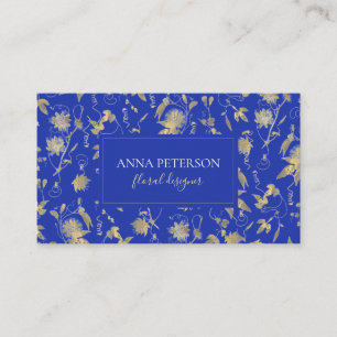 Elegant Gold Passiflora Vine on Royal Blue Business Card