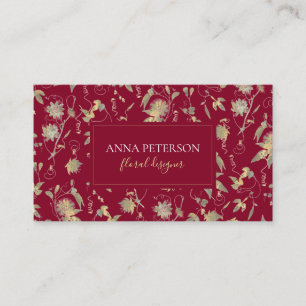 Elegant Gold Passion Flower Vine on Burgundy Red Business Card