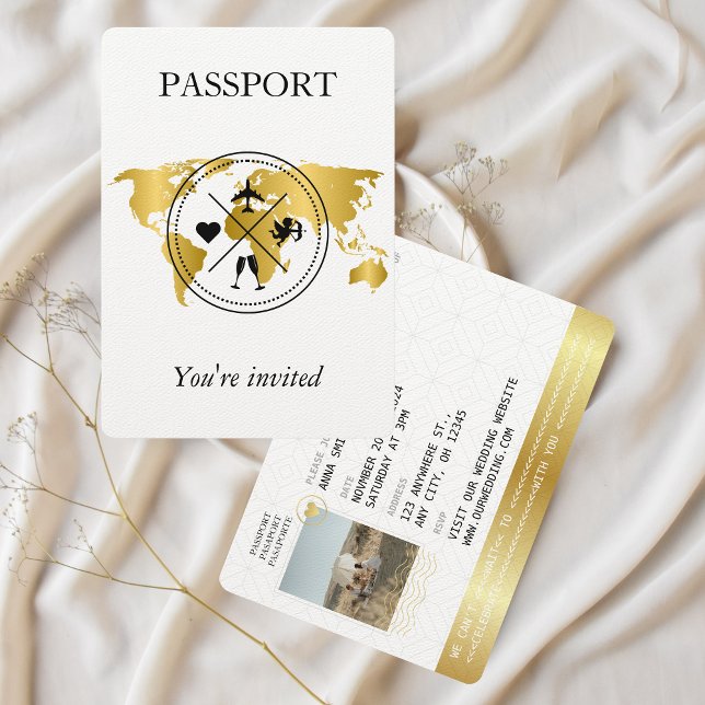 Elegant Gold Passport Destination Wedding Photo Invitation (gold and white elegant passport photo wedding invitation)