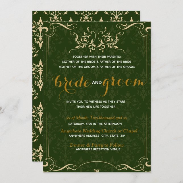 Elegant Gold Pattern in Emerald BG Wedding Invitation (Front/Back)