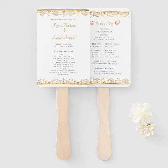 Elegant Gold Pattern Indian Wedding Program Hand Fan (Front and Back)