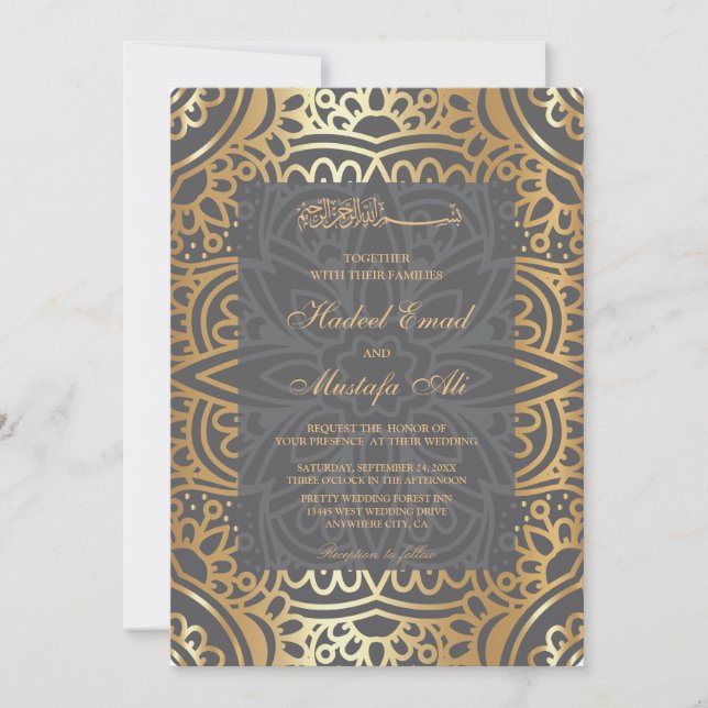 Elegant gold pattern muslim wedding invitation (Front)