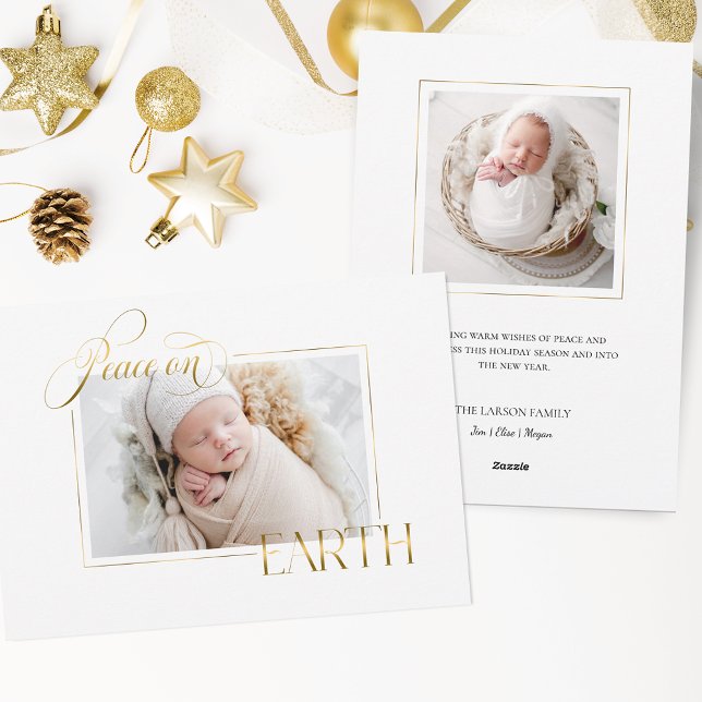Elegant Gold Peace on Earth Photo Holiday Card (Creator Uploaded)